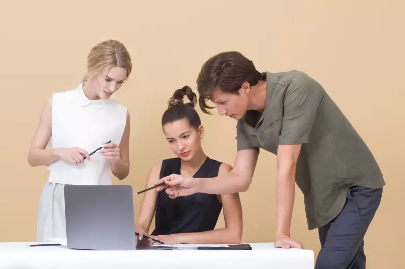 Três colegas de trabalho olhando para o computador
