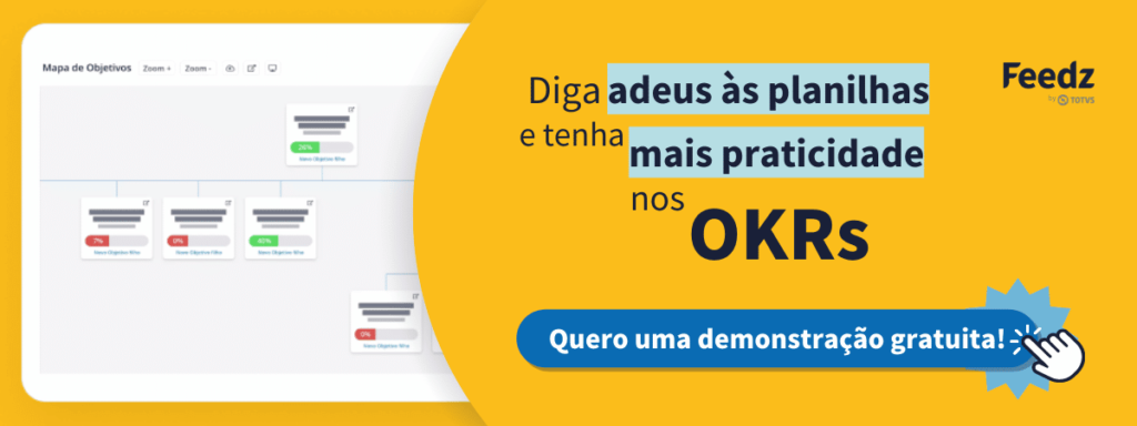 Tela de demonstração mostrando a ferramenta de OKR na Feedz e dando a opção de solicitar uma demonstração gratuita