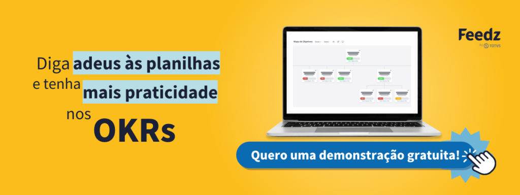 Tela de demonstração mostrando a ferramenta de OKR na Feedz e dando a opção de solicitar uma demonstração gratuita