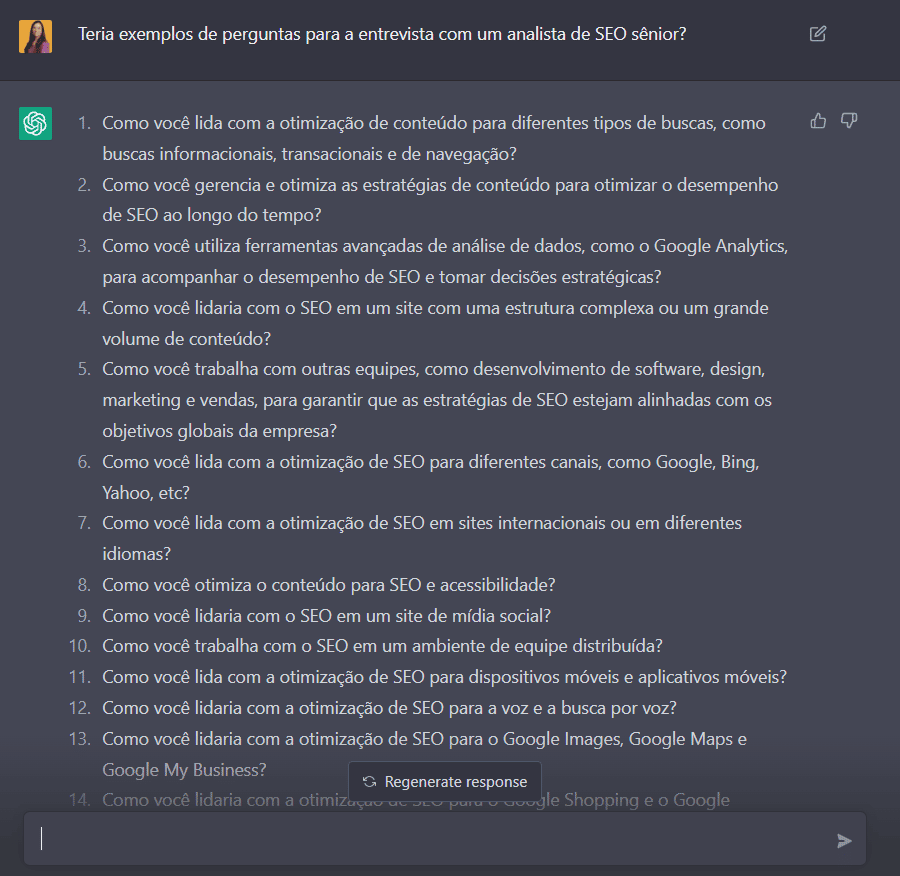 Texto escrito: Crie uma lista de 20 perguntas para uma entrevista com um analista de SEO Sênior e a resposta com a lista que o ChatGPT forneceu.