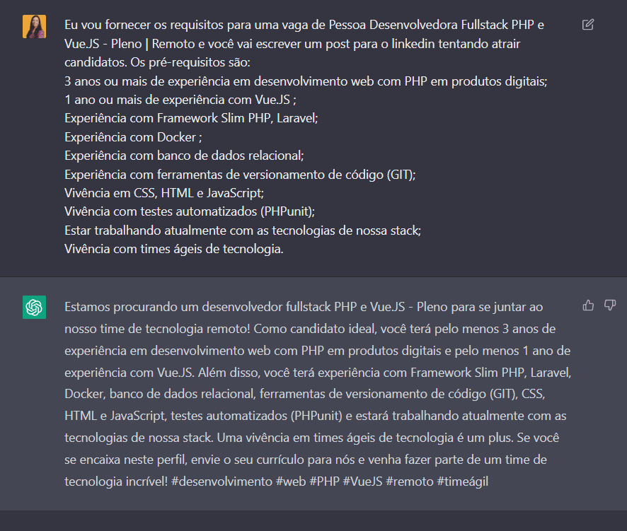 Divulgação de uma vaga para o linkedin escrita pelo ChatGPT