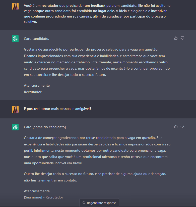 Feedback para um candidato que não passou na vaga fornecido pelo ChatGPT