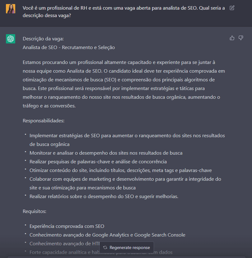 Descrição de cargo fornecida pela Inteligência Artificial