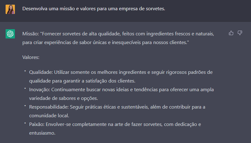 Missão e valores gerados pelo chatGPT