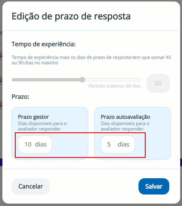 print da plataforma Feedz mostrando a configuração de período da Avaliação de Experiência