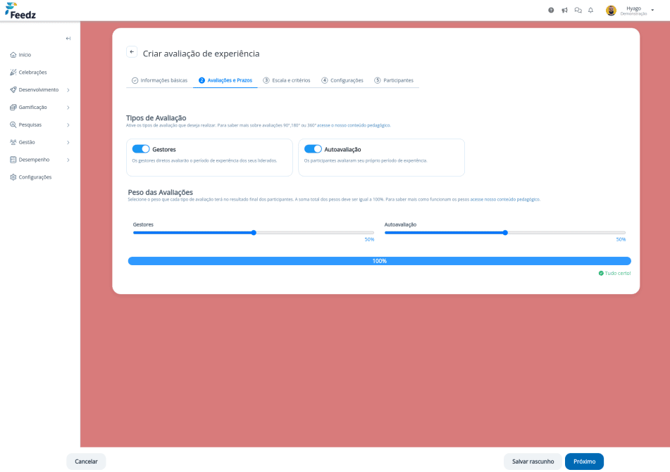 print da plataforma Feedz mostrando a edição da Avaliação de Experiência 