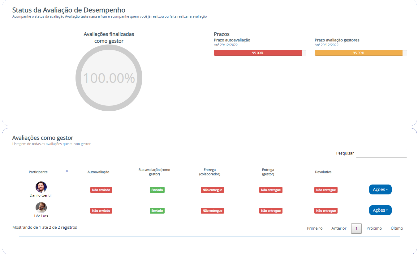 print da plataforma Feedz mostrando como acompanhar o status da avaliaçãoo de experiência
