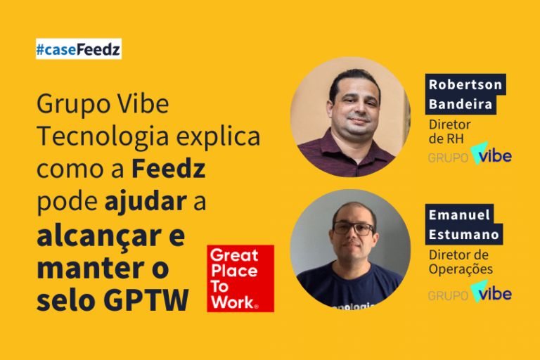 Foto com fundo amarelo e imagem dos entrevistados sobre selo GPTW