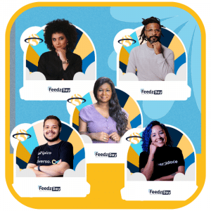 Imagem dos palestrantes do FeedzDay: Gabriela Augusto, Genesson Honorato, Caio Bogos, Tamara Braga e Lisiane Lemos.