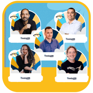 Imagem dos palestrantes do FeedzDay: Luciano Santos, Robson Campos, Felipe Thomé, Grazi Mendes, Eduardo Carmello.