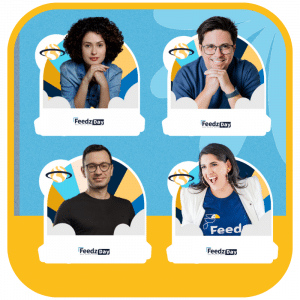 Imagem dos palestrantes do FeedzDay: Aquela Miranda, Gabriel Leite, Bruno Soares e Rafaela Cechinel.