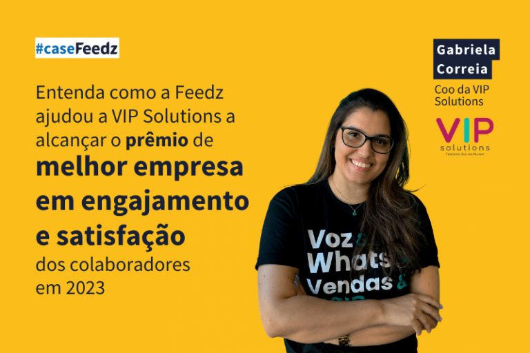 Fundo amarelo com foto da Gabriela Correia que explicou como melhorar a comunicação na empresa usando a Feedz