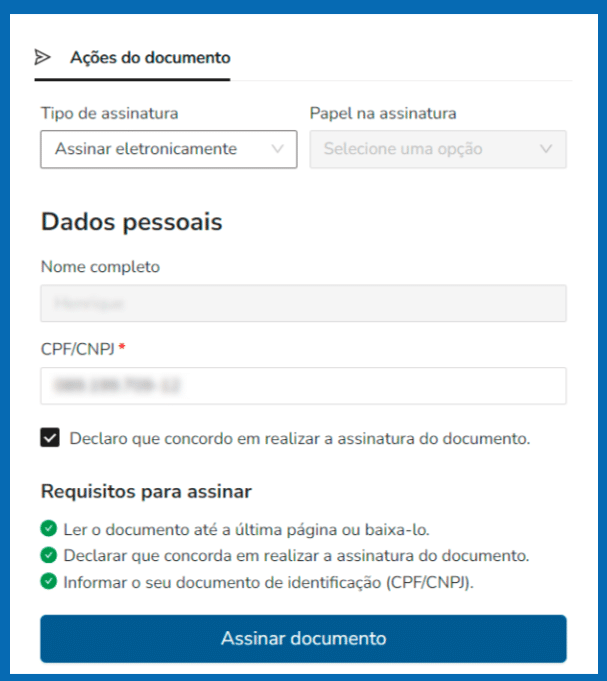 tela do sistema de assinatura eletrônica da Feedz